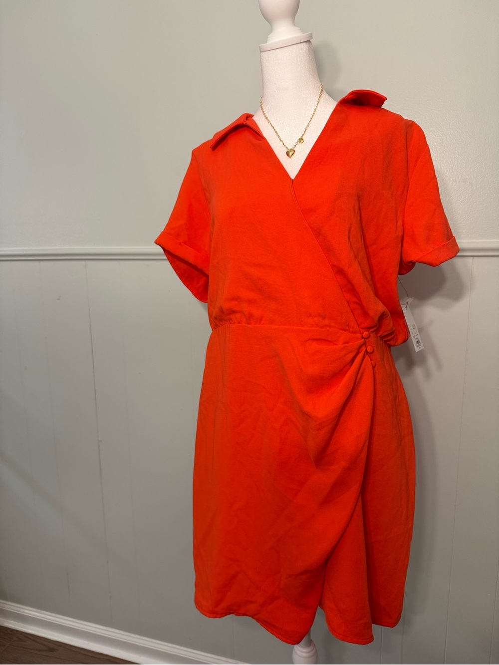 Wrap-Style Short Sleeve Dress in Vibrant Orange size XL
